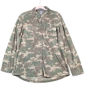 Eddie Bauer Womens Jacket Green Camo Shacket Fleece Pockets Button Up Large